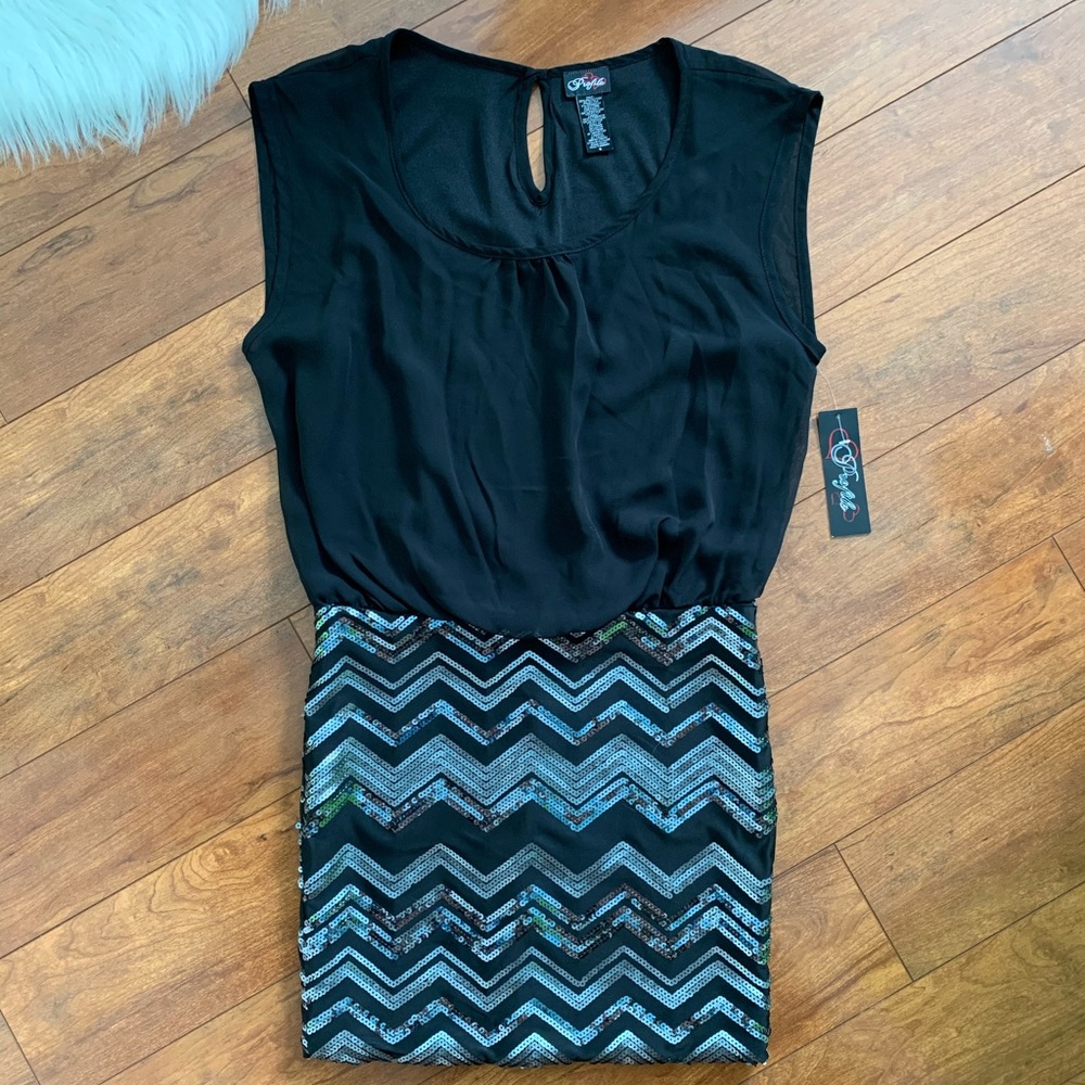 NWT Black & Silver Chevron Sequin Bodycon Dress by Profile